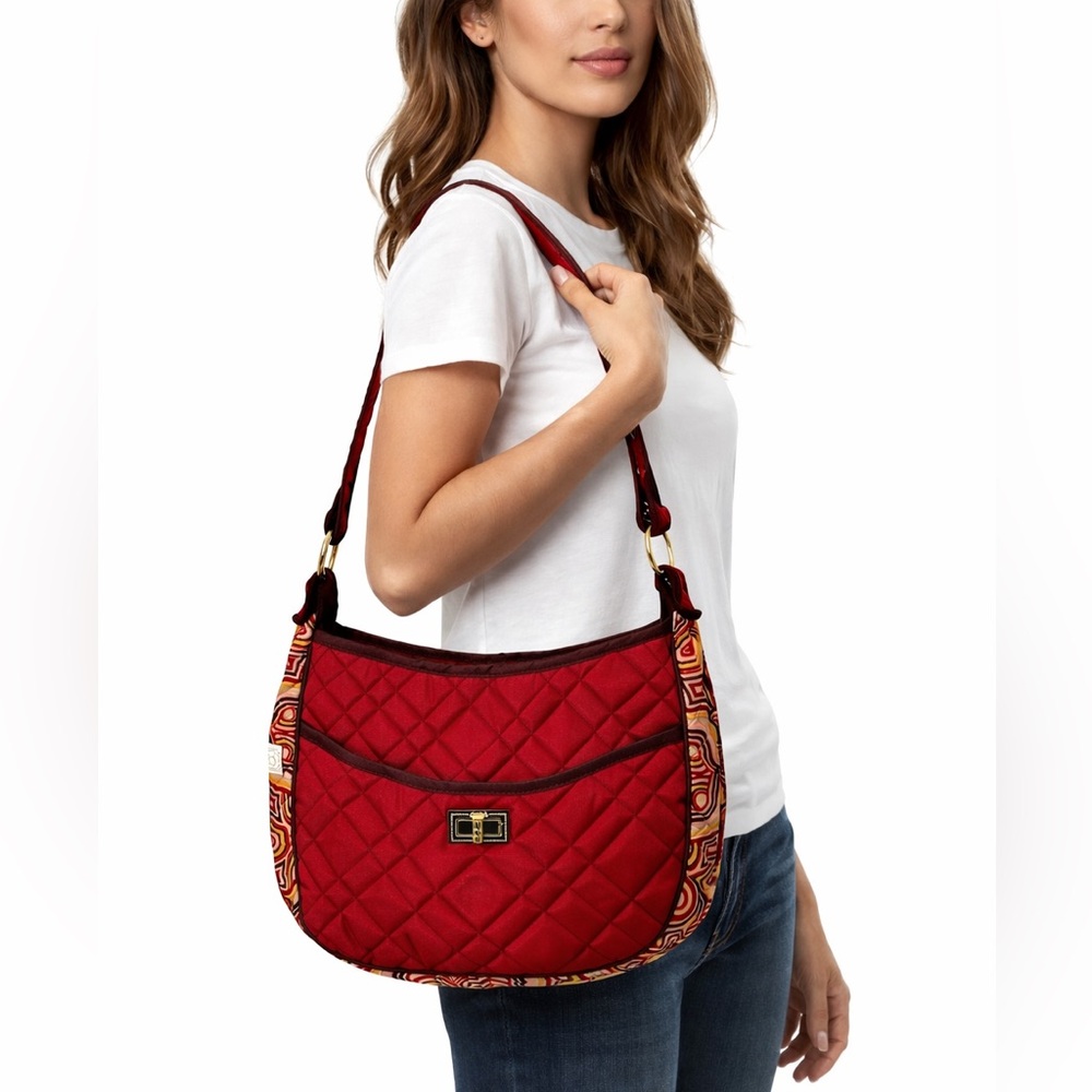 Cinda B Red Quilted Shoulder Bag Hobo Purse Travel Tote Geometric Trim